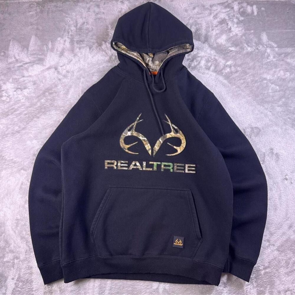 Realtree Men’s Large Navy Camo Logo Pullover Hoodie Hunting Outdoor
